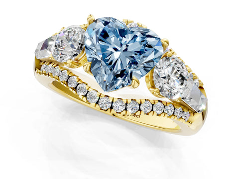Yellow gold Three-Stone Fancy Blue Heart Cut Diamond Engagement Ring with Pave Band and Prong Setting_1