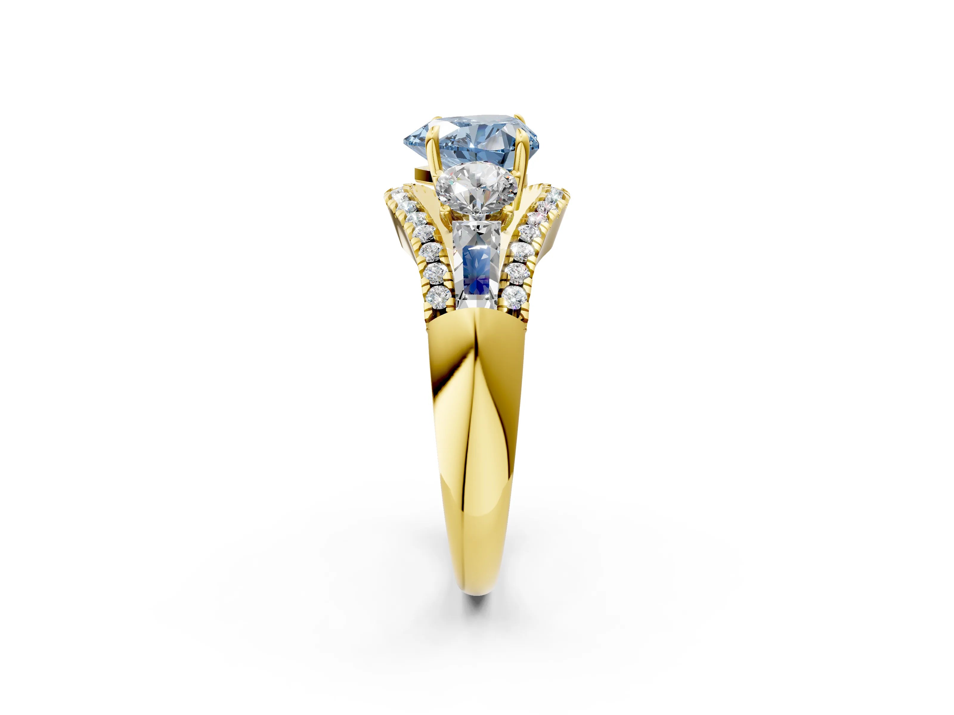 Yellow gold Three-Stone Fancy Blue Heart Cut Diamond Engagement Ring with Pave Band and Prong Setting_2