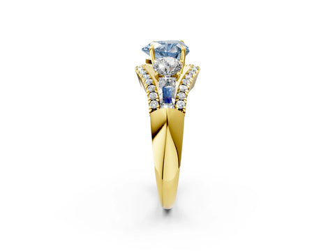 Yellow gold Three-Stone Fancy Blue Heart Cut Diamond Engagement Ring with Pave Band and Prong Setting_2