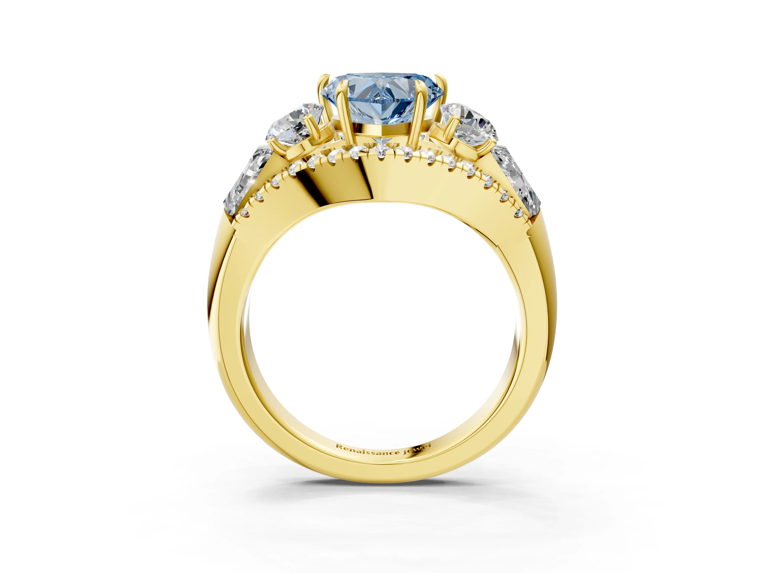 Yellow gold Three-Stone Fancy Blue Heart Cut Diamond Engagement Ring with Pave Band and Prong Setting_3