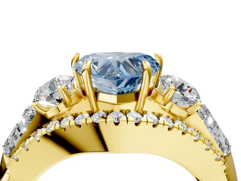Yellow gold Three-Stone Fancy Blue Heart Cut Diamond Engagement Ring with Pave Band and Prong Setting_4