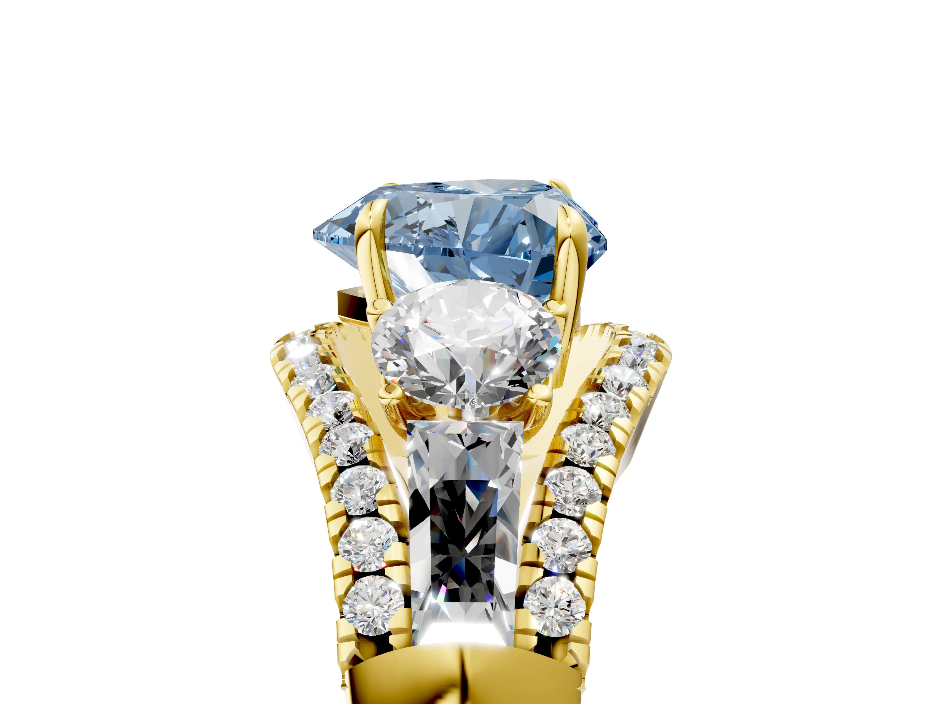 Yellow gold Three-Stone Fancy Blue Heart Cut Diamond Engagement Ring with Pave Band and Prong Setting_5