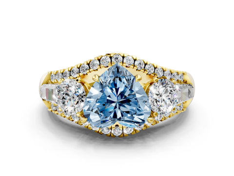 Yellow gold Three-Stone Fancy Blue Heart Cut Diamond Engagement Ring with Pave Band and Prong Setting