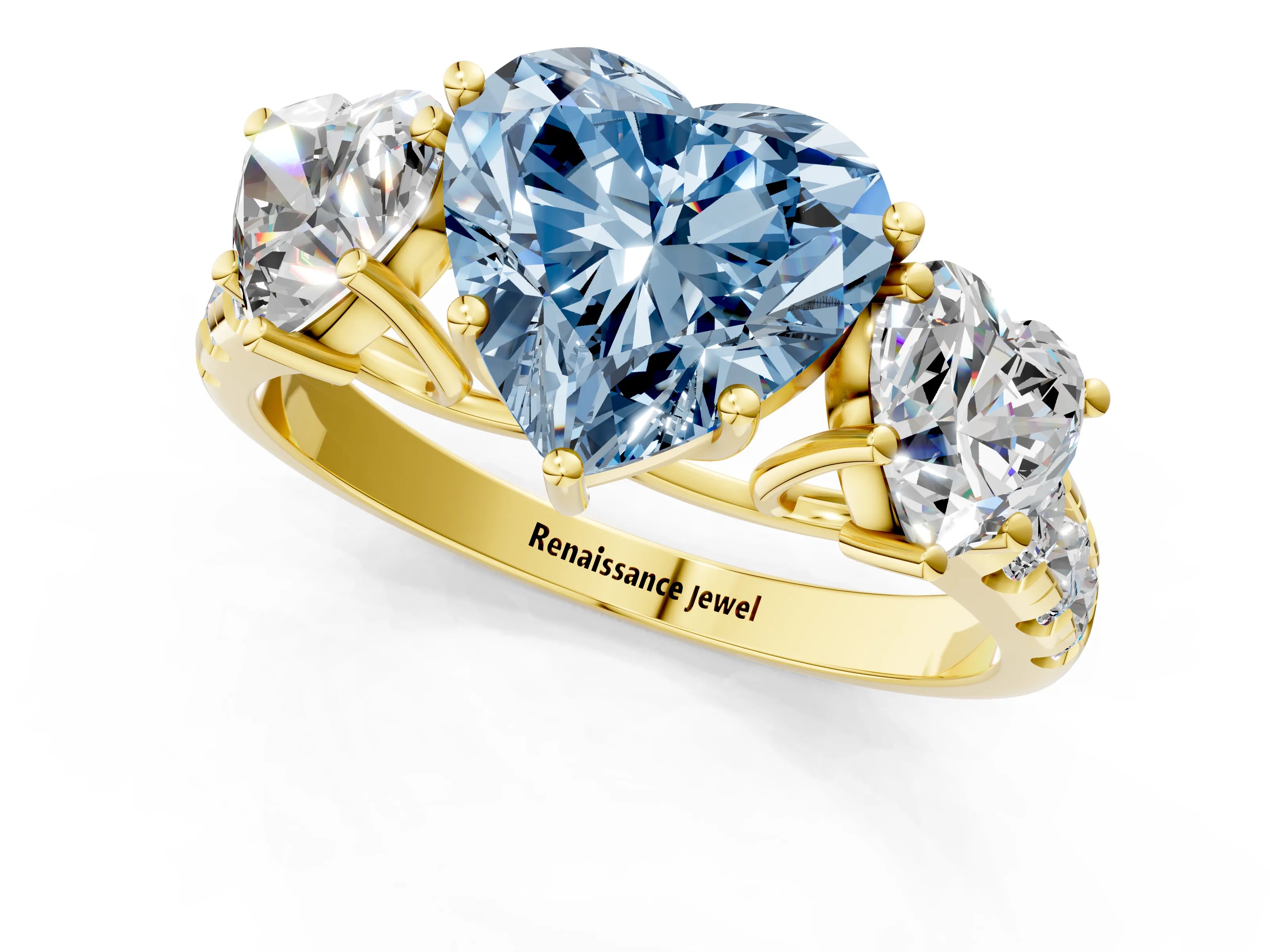 Yellow gold Three-Stone Fancy Blue Heart Cut Diamond Pavé Band with Prong Setting_1