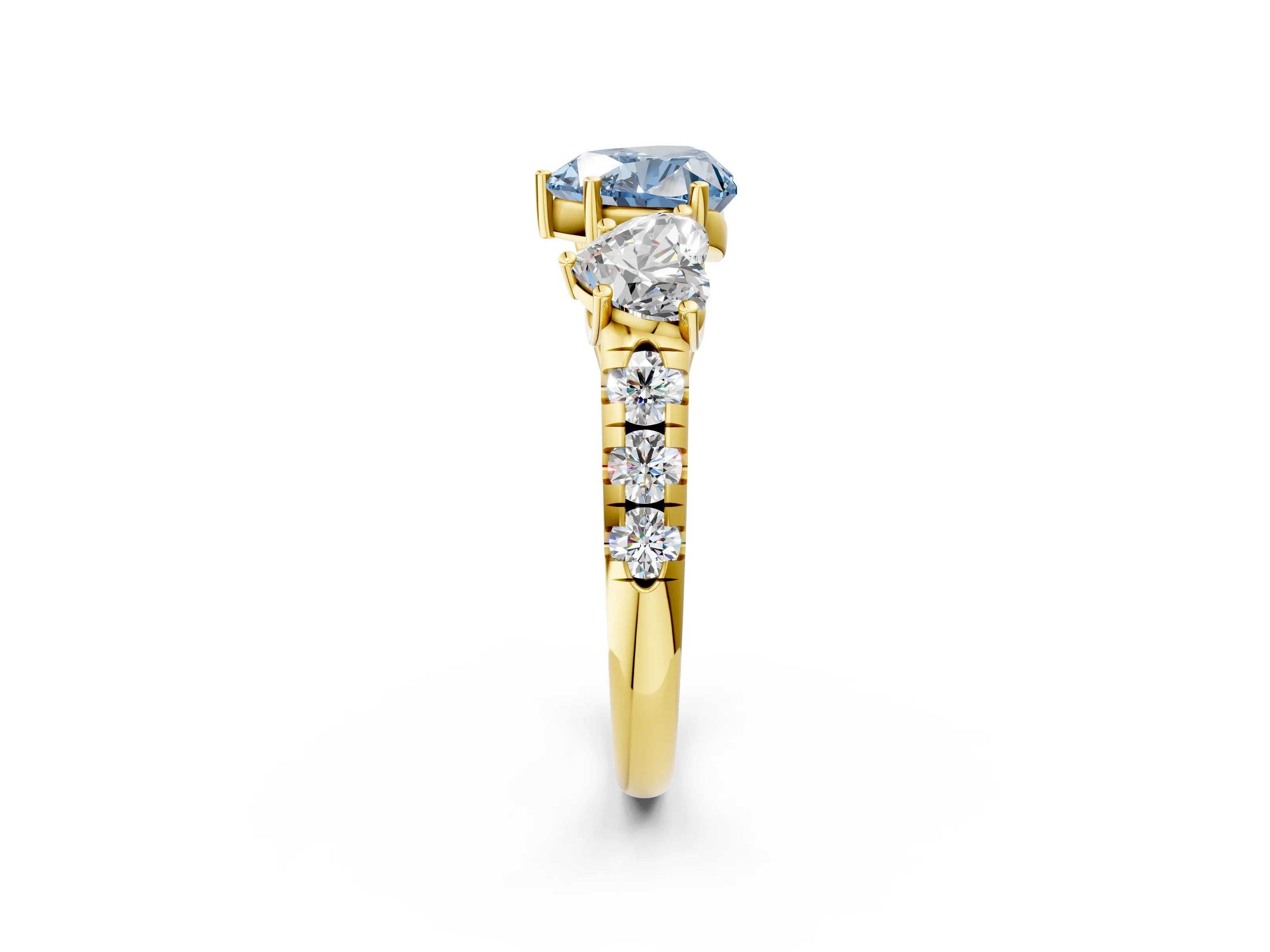 Yellow gold Three-Stone Fancy Blue Heart Cut Diamond Pavé Band with Prong Setting_2