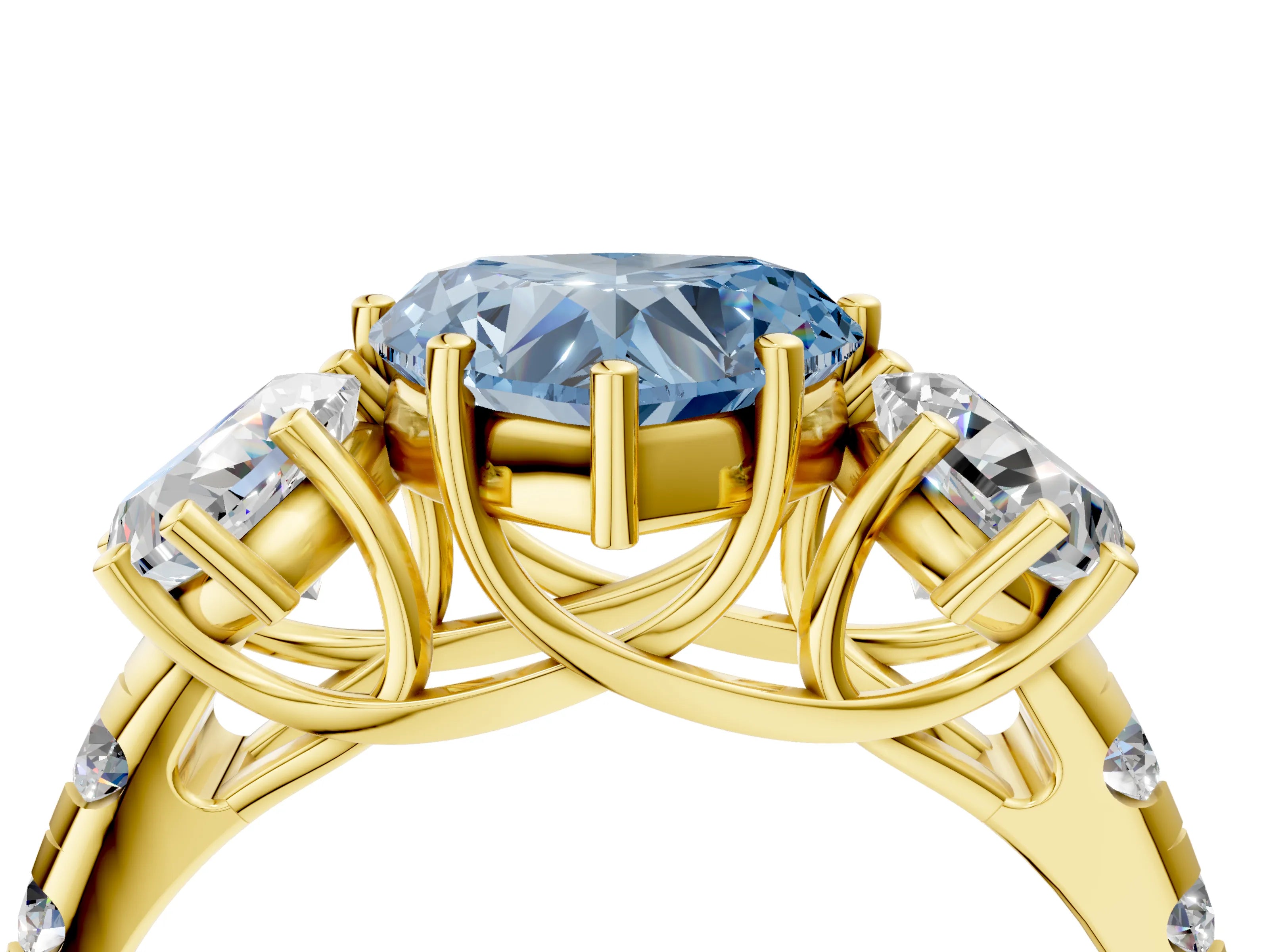 Yellow gold Three-Stone Fancy Blue Heart Cut Diamond Pavé Band with Prong Setting_4