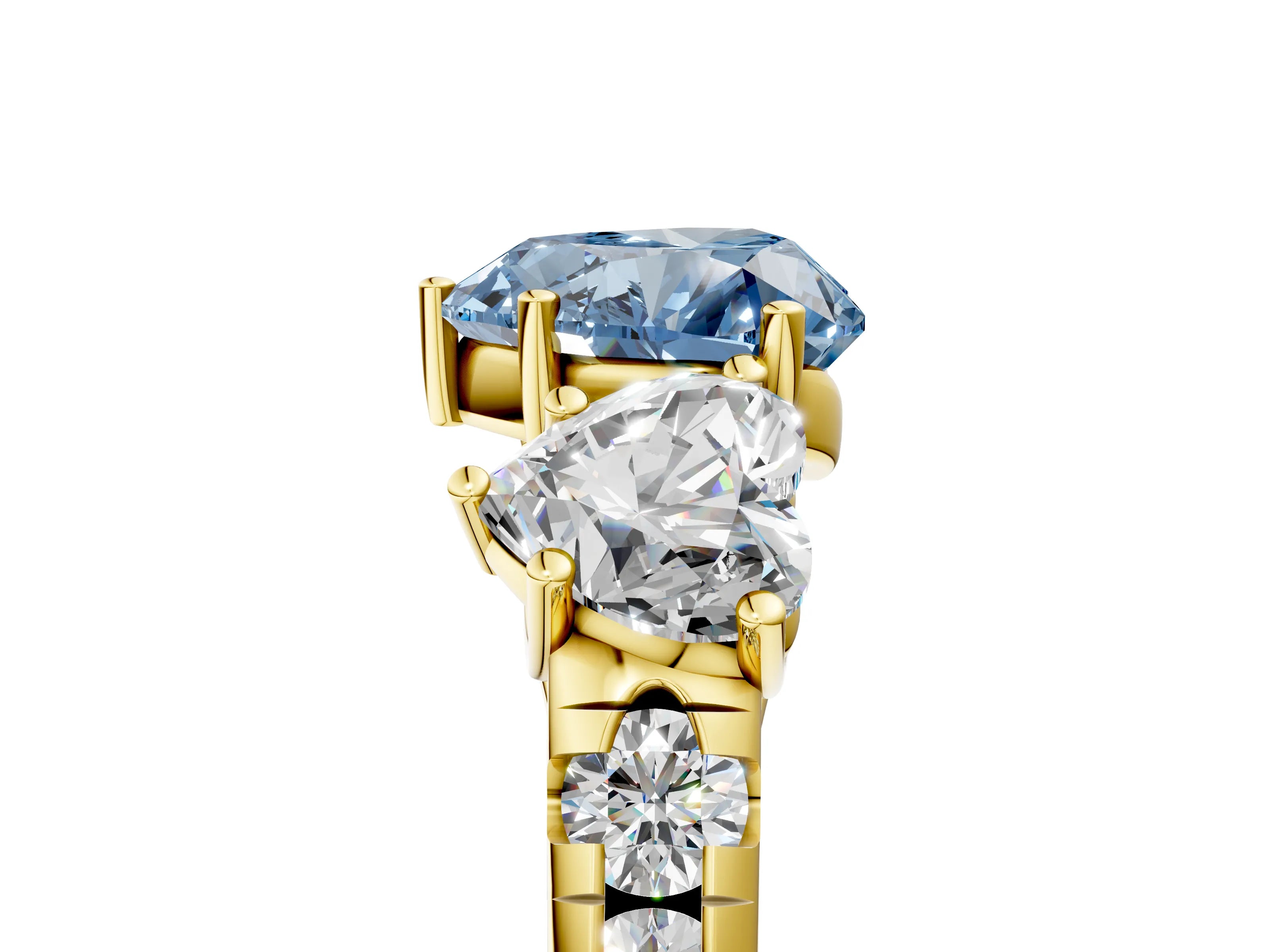 Yellow gold Three-Stone Fancy Blue Heart Cut Diamond Pavé Band with Prong Setting_5
