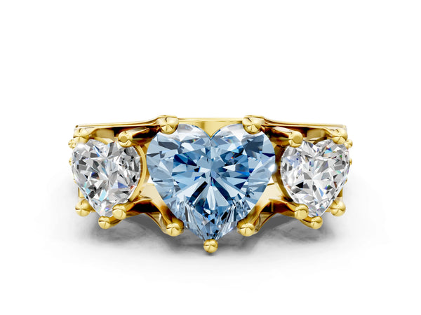 Yellow gold Fancy Blue Heart Cut Diamond Three-Stone Ring with Channel Set Band and Four-Prong Setting