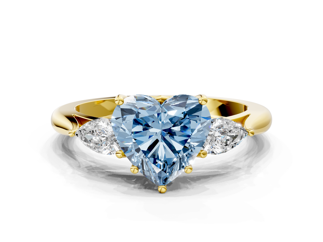 Yellow gold Three-Stone Fancy Blue Heart  Cut Diamond Ring with Pear Side Stones in Four-Prong Setting_116