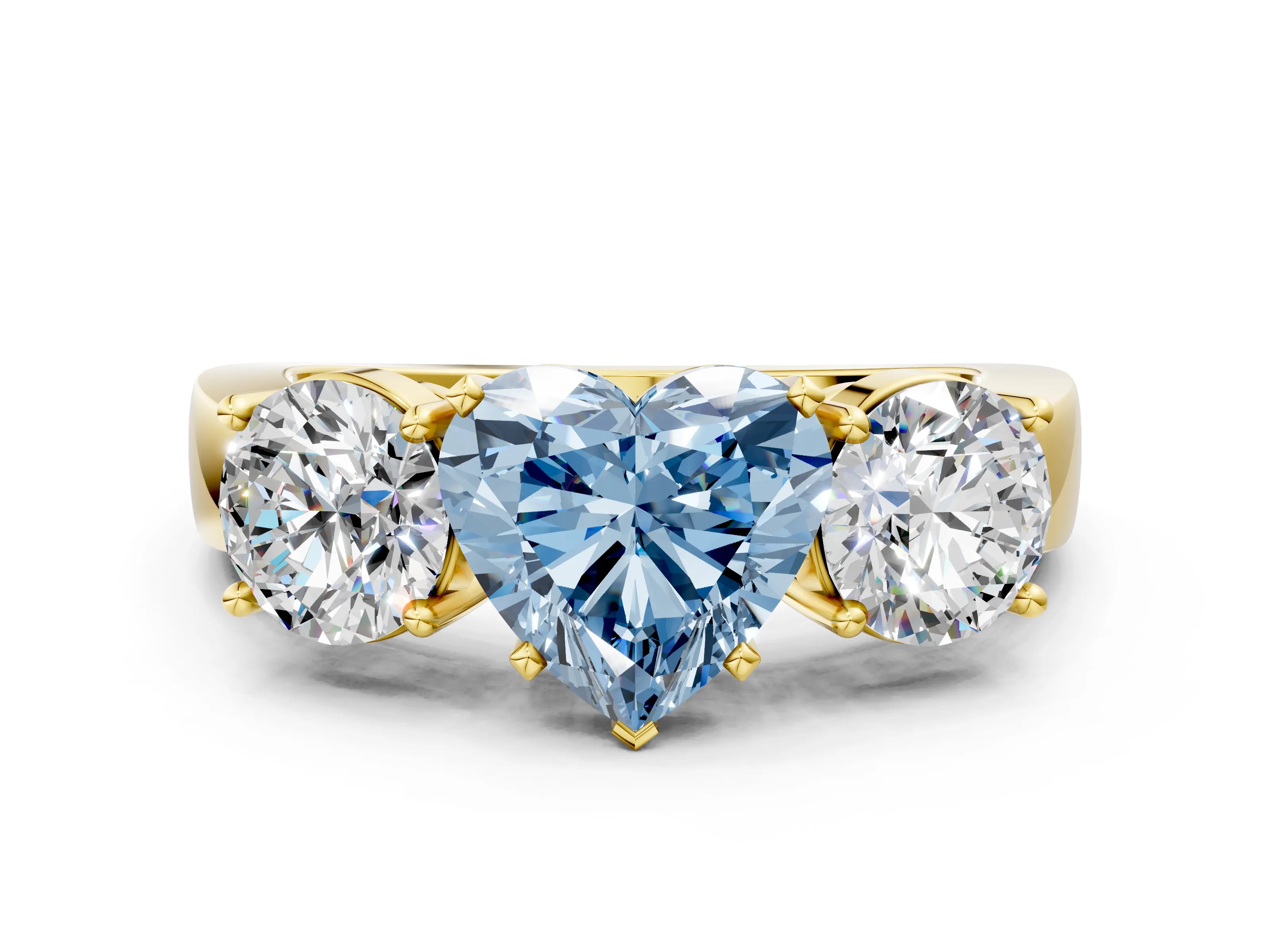 Yellow gold Three-Stone Fancy Blue Heart Cut Diamond Ring with Round Side Stones, Classic Band, and Four-Prong Setting