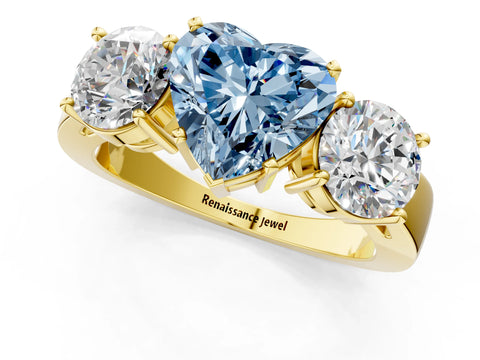Yellow gold Three-Stone Fancy Blue Heart Cut Diamond Ring with Round Side Stones, Classic Band, and Four-Prong Setting_1