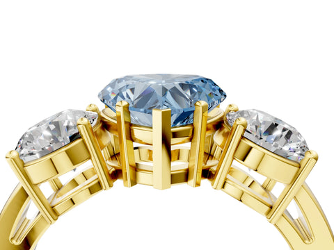 Yellow gold Three-Stone Fancy Blue Heart Cut Diamond Ring with Round Side Stones, Classic Band, and Four-Prong Setting_4