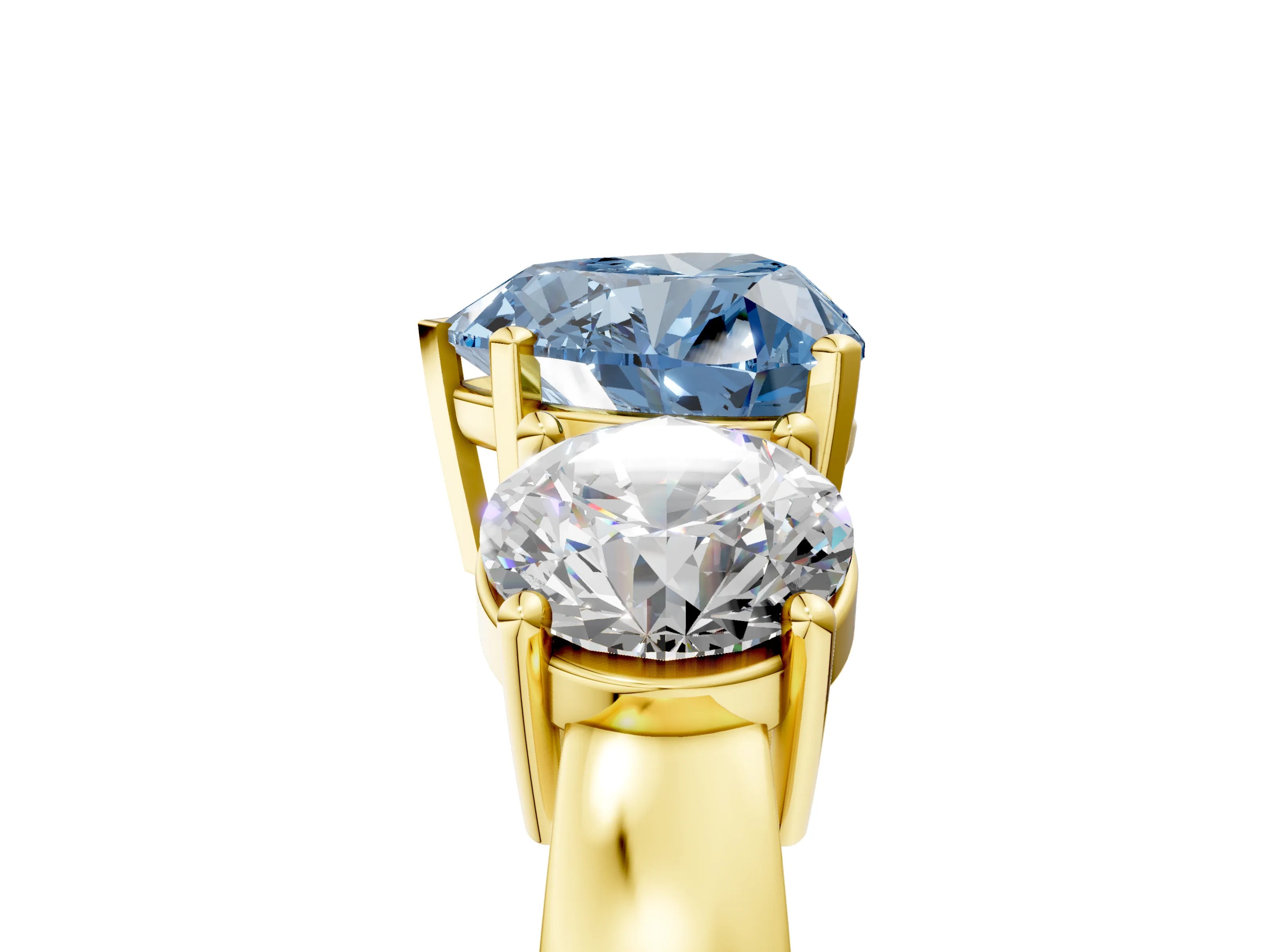 Yellow gold Three-Stone Fancy Blue Heart Cut Diamond Ring with Round Side Stones, Classic Band, and Four-Prong Setting_5