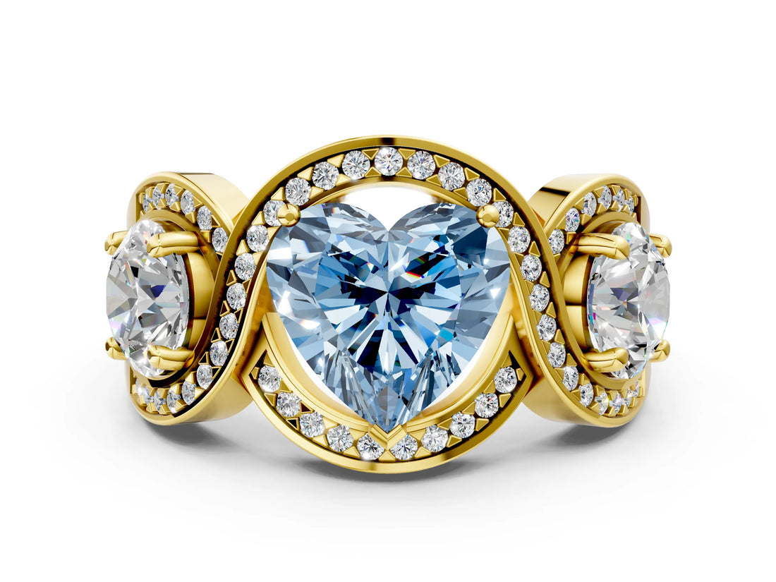 Yellow gold Three-Stone Fancy Blue Heart Cut Diamond Wave Pave Band with Prong Setting