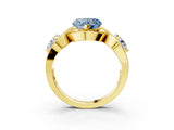 Yellow gold Three-Stone Fancy Blue Heart Cut Diamond Wave Pave Band with Prong Setting_3