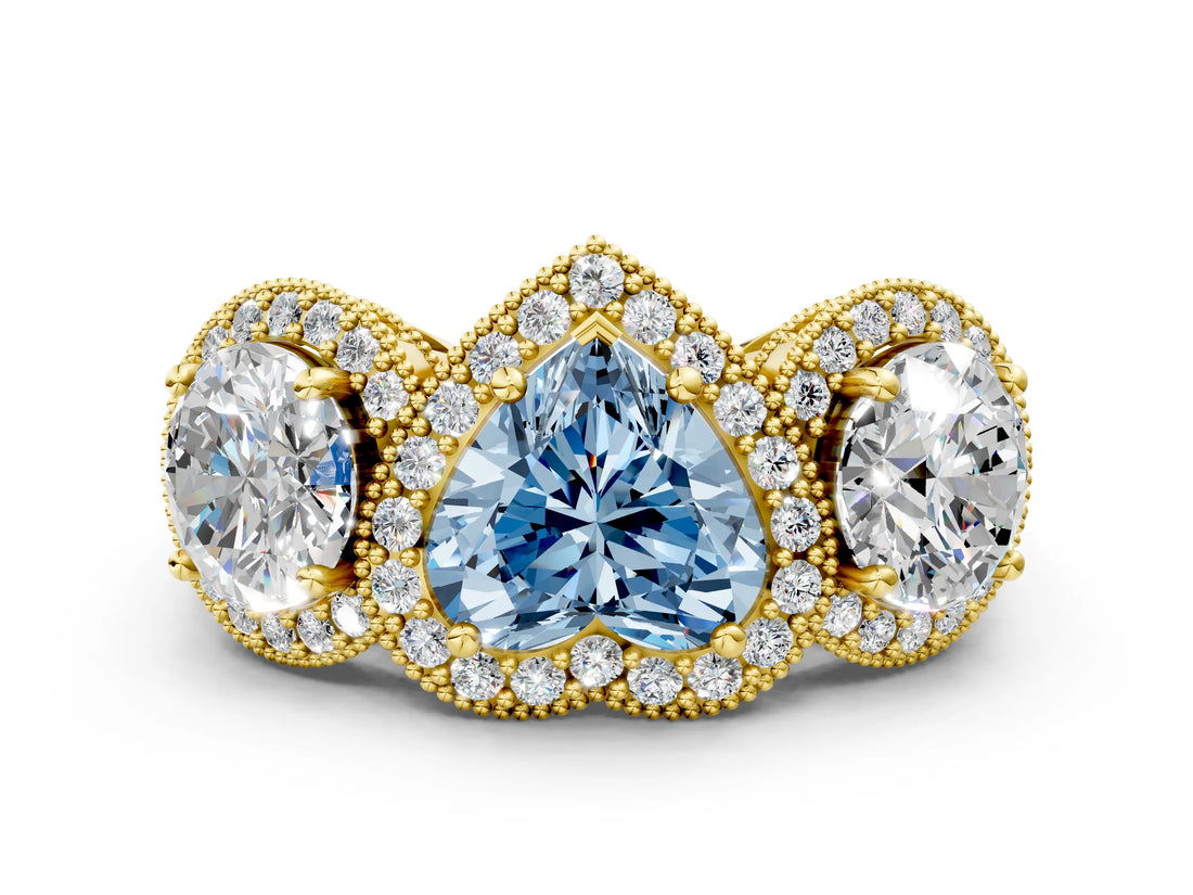 Yellow gold Three-Stone Fancy Blue Heart Cut Halo Diamond Milgrain Band with Four-Prong Setting