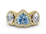 Yellow gold Three-Stone Fancy Blue Heart Cut Halo Diamond Milgrain Band with Four-Prong Setting