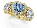 Yellow gold Three-Stone Fancy Blue Heart Cut Halo Diamond Milgrain Band with Four-Prong Setting_1