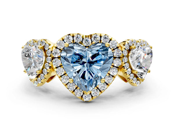 Yellow gold Three-Stone Fancy Blue Heart Cut Halo Diamond Ring with Pave Band and Four-Prong Setting