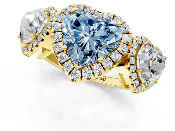 Yellow gold Three-Stone Fancy Blue Heart Cut Halo Diamond Ring with Pave Band and Four-Prong Setting