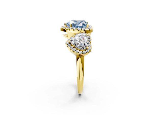 Yellow gold Three-Stone Fancy Blue Heart Cut Halo Diamond Ring with Pave Band and Four-Prong Setting