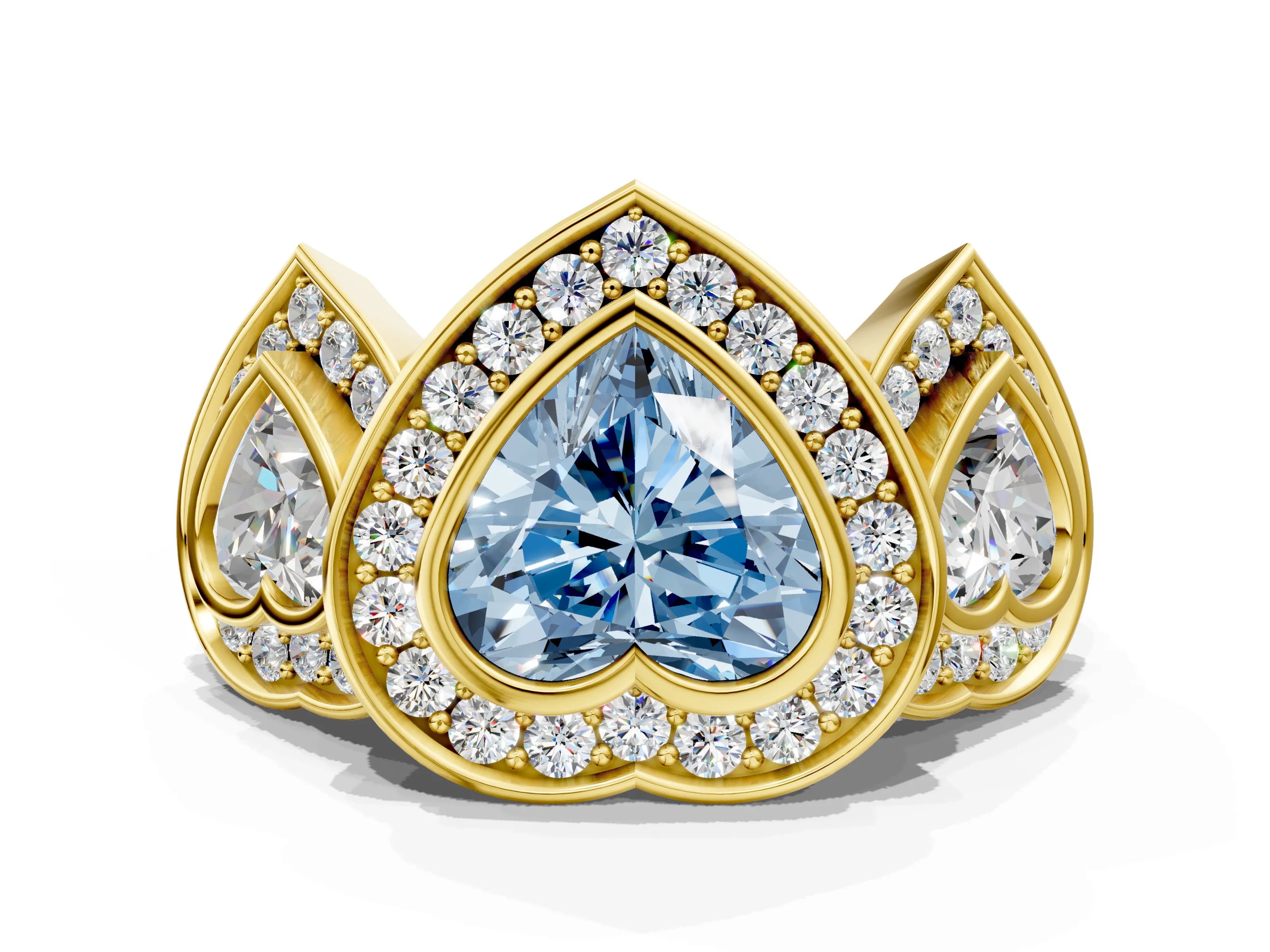 Yellow gold Three-Stone Fancy Blue Heart Cut Halo Pavé Diamond Ring