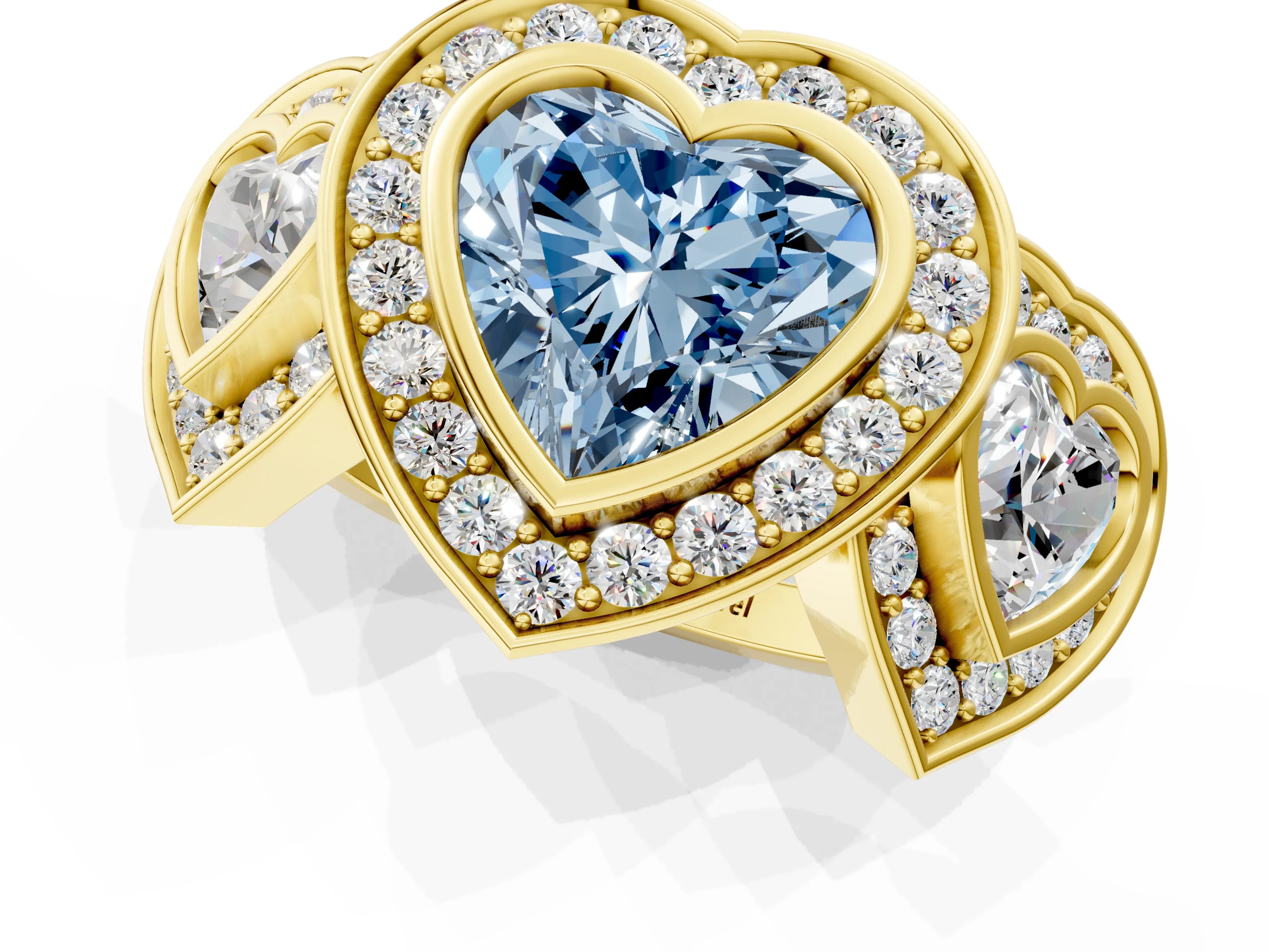 Yellow gold Three-Stone Fancy Blue Heart Cut Halo Pavé Diamond Ring_1