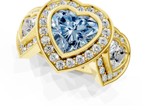 Yellow gold Three-Stone Fancy Blue Heart Cut Halo Pavé Diamond Ring_1