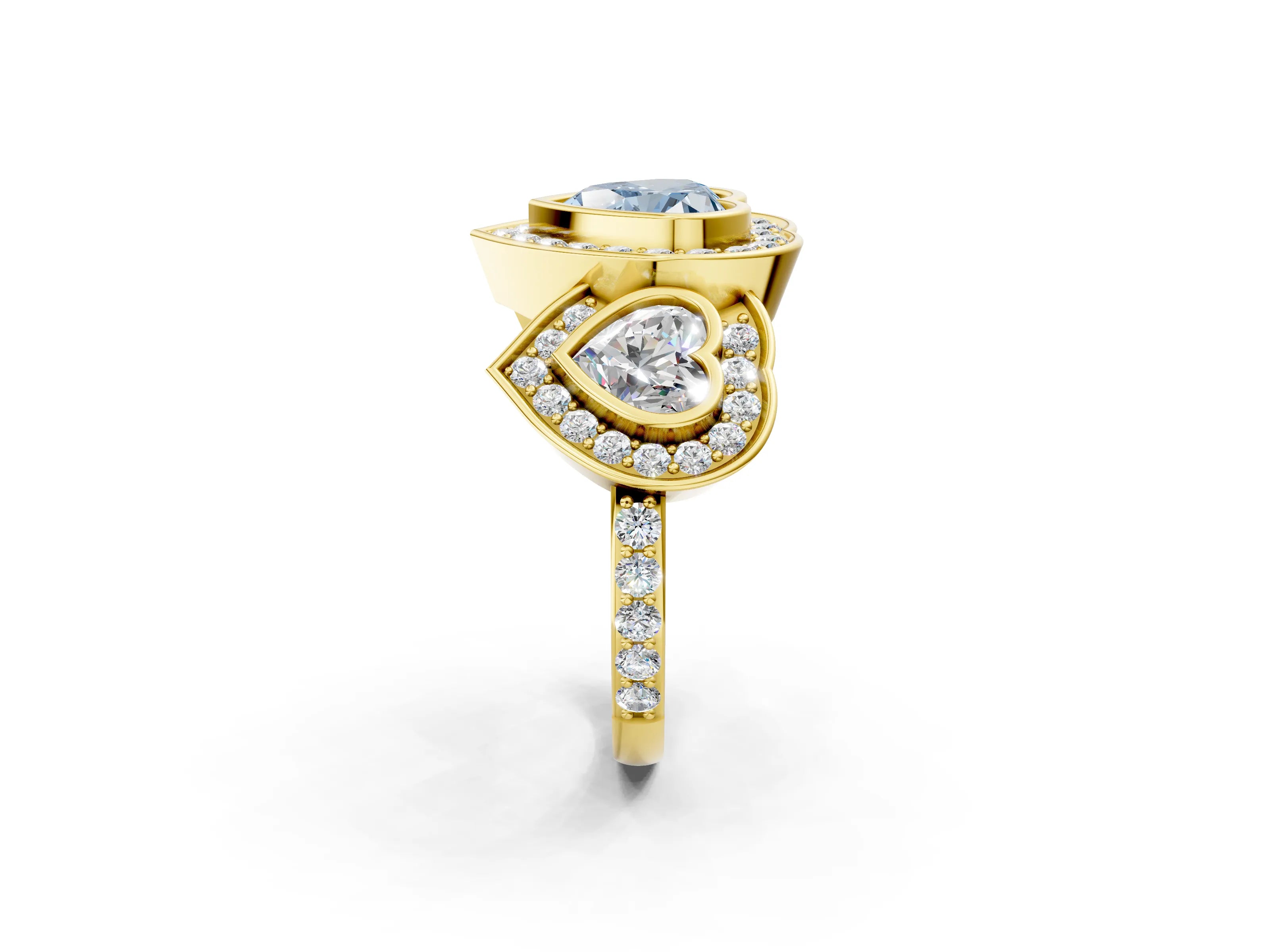Yellow gold Three-Stone Fancy Blue Heart Cut Halo Pavé Diamond Ring_2