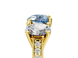 Yellow gold Three-Stone Fancy Blue Heart  Diamond Milgrain Pave Band with Prong Setting