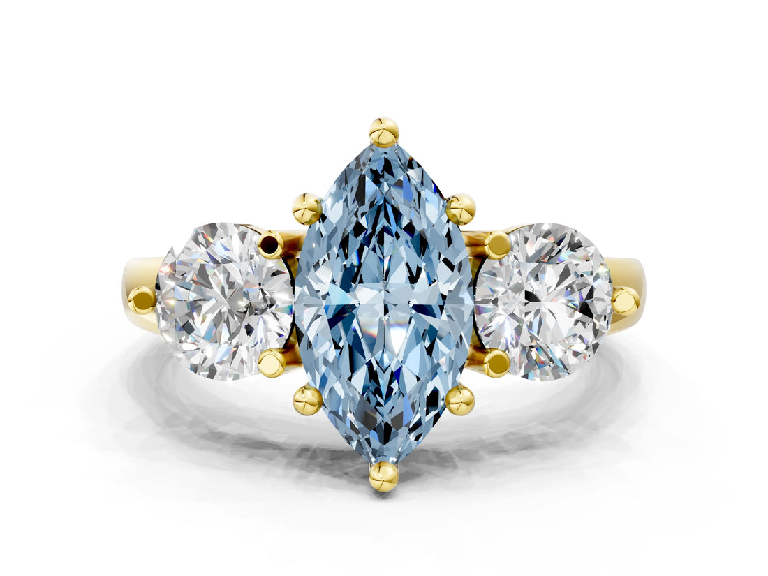 Yellow gold Three-Stone Fancy Blue Marquise  Brilliant Cut Solitaire Ring with Prong Setting on a Classic Band 1