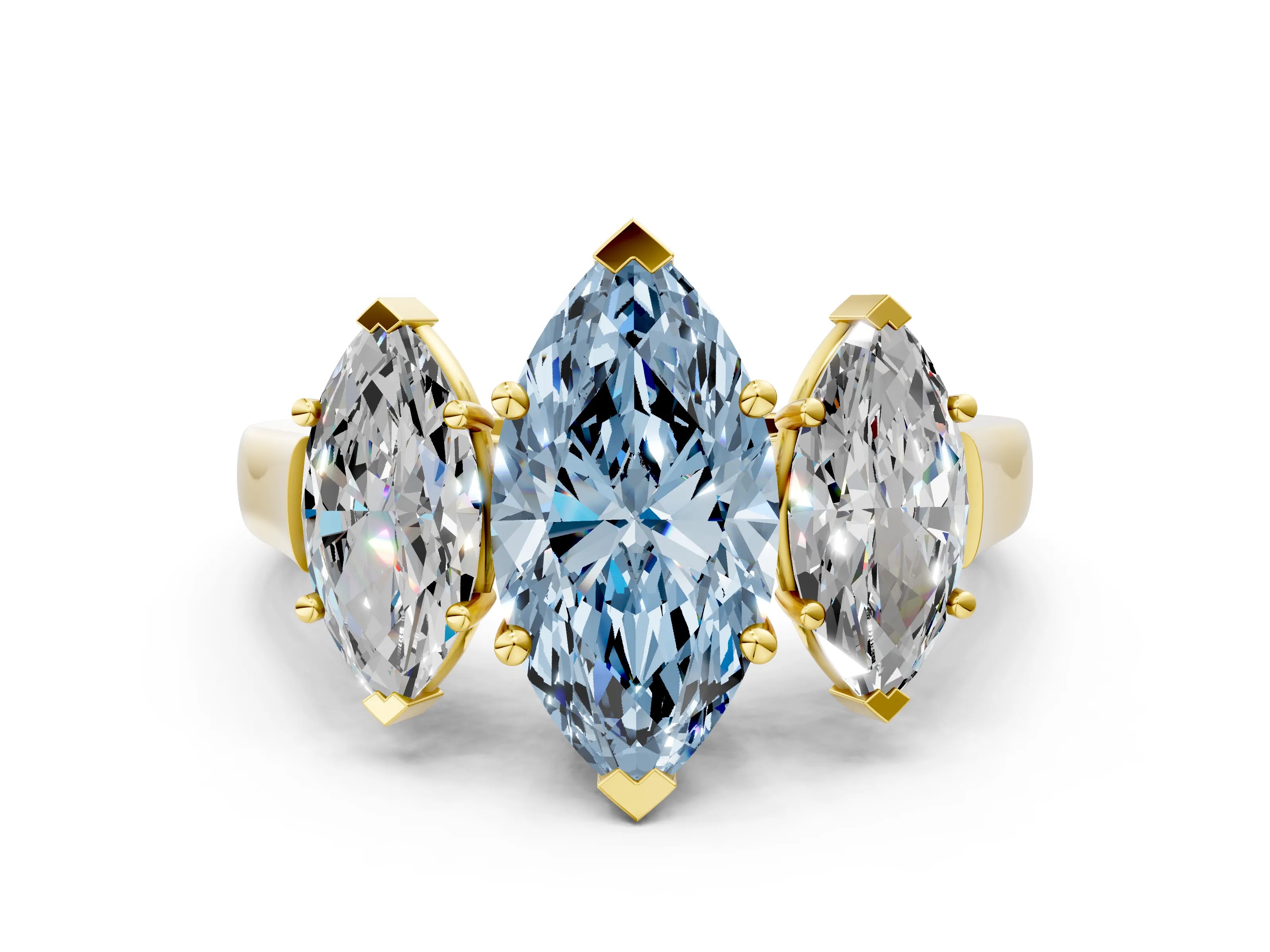 Yellow gold Three-Stone Fancy Blue Marquise Cut Brilliant Diamond Trellis Ring with Comfort Fit Band