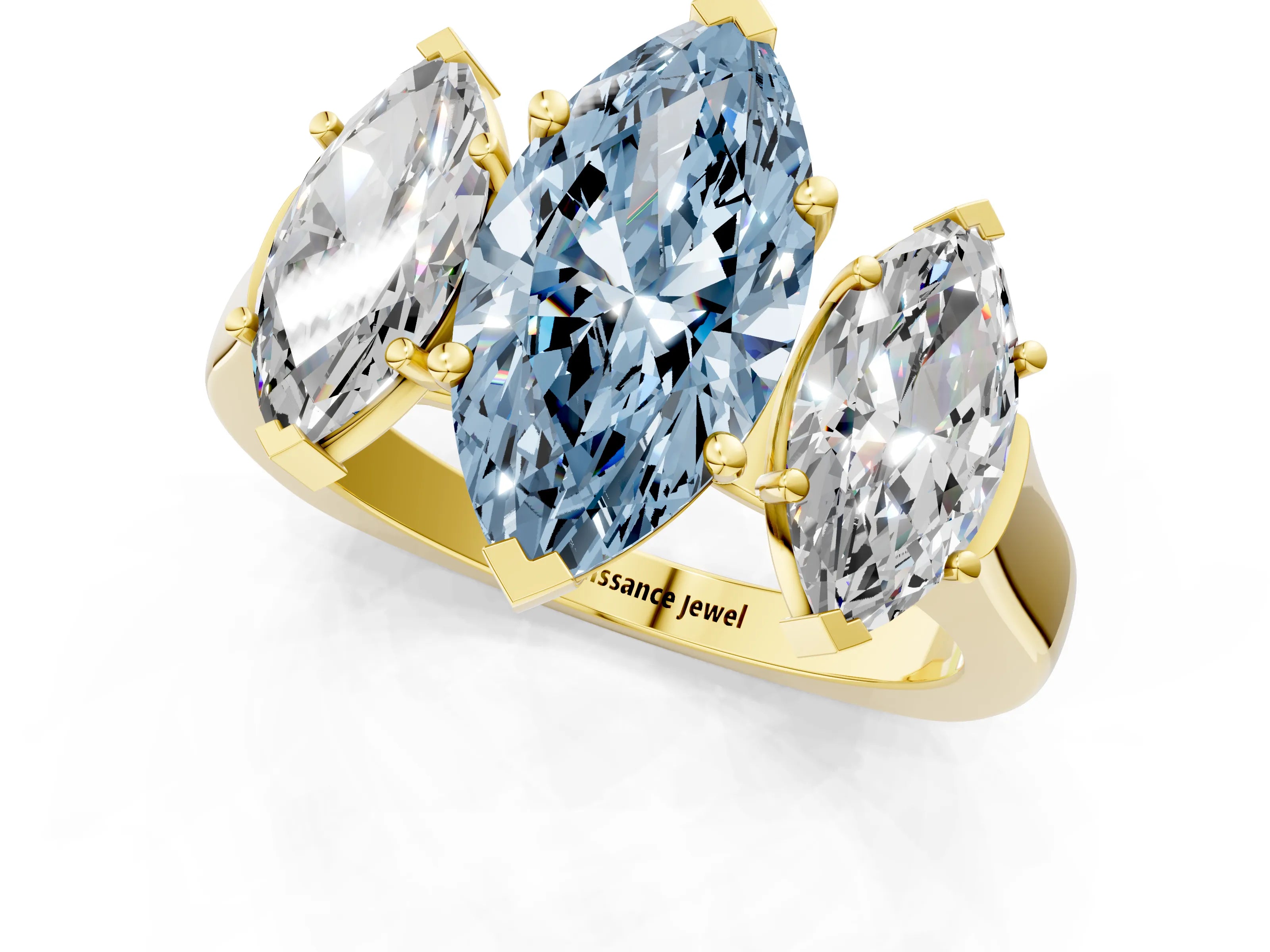 Yellow gold Three-Stone Fancy Blue Marquise Cut Brilliant Diamond Trellis Ring with Comfort Fit Band_1