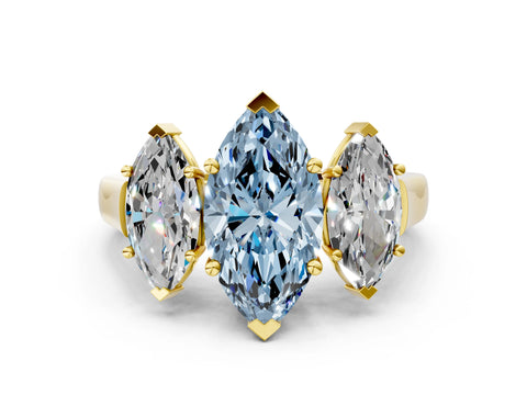 Yellow gold Three-Stone Fancy Blue Marquise Cut Brilliant Diamond Trellis Ring with Comfort Fit Band
