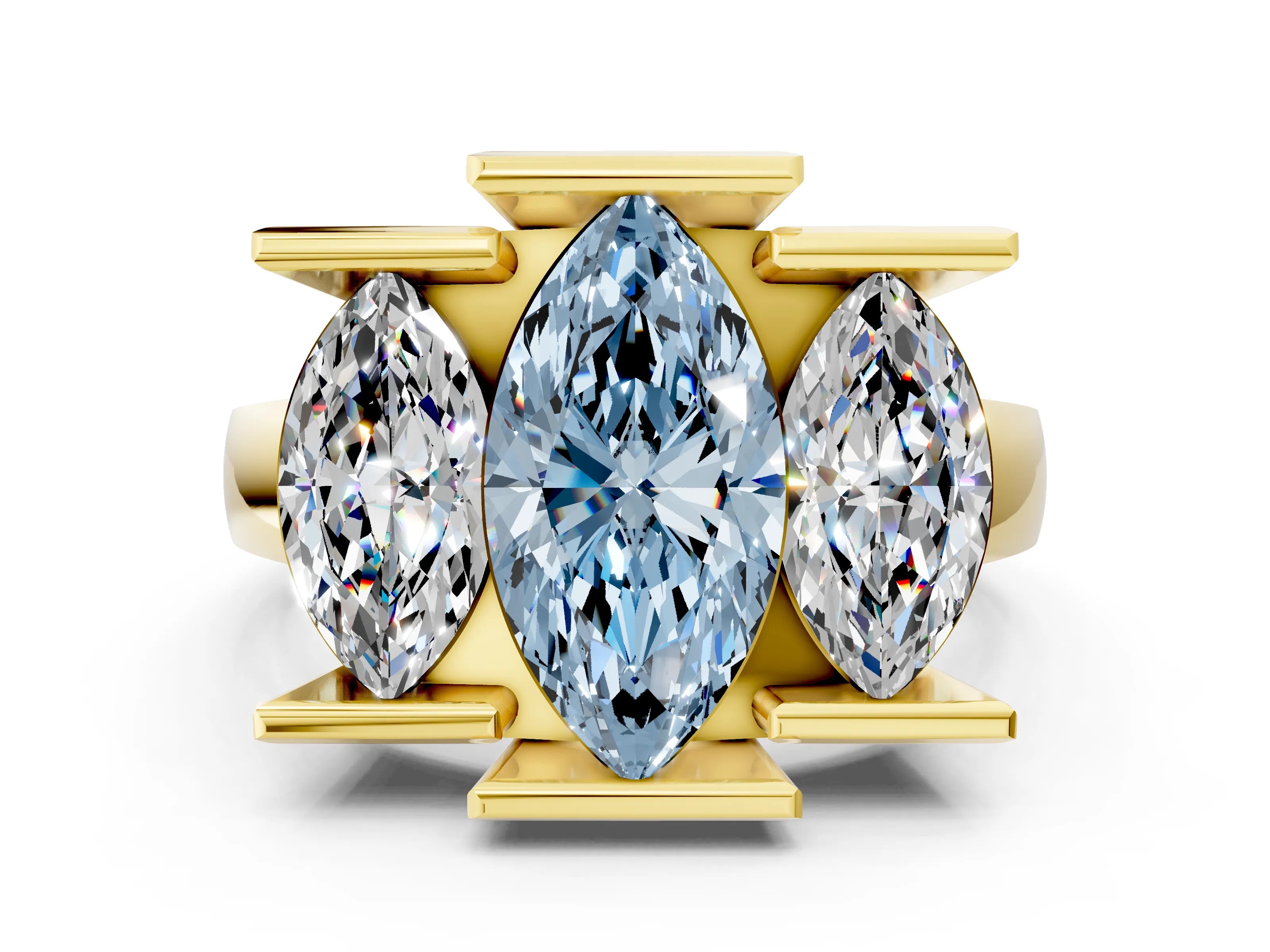 Yellow gold Three Stone Fancy Blue Marquise Cut Cut Channel Set Diamond Ring