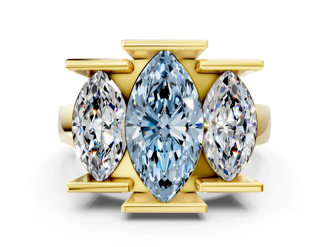 Yellow gold Three Stone Fancy Blue Marquise Cut Cut Channel Set Diamond Ring