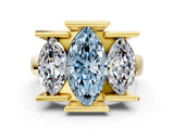 Yellow gold Three Stone Fancy Blue Marquise Cut Cut Channel Set Diamond Ring