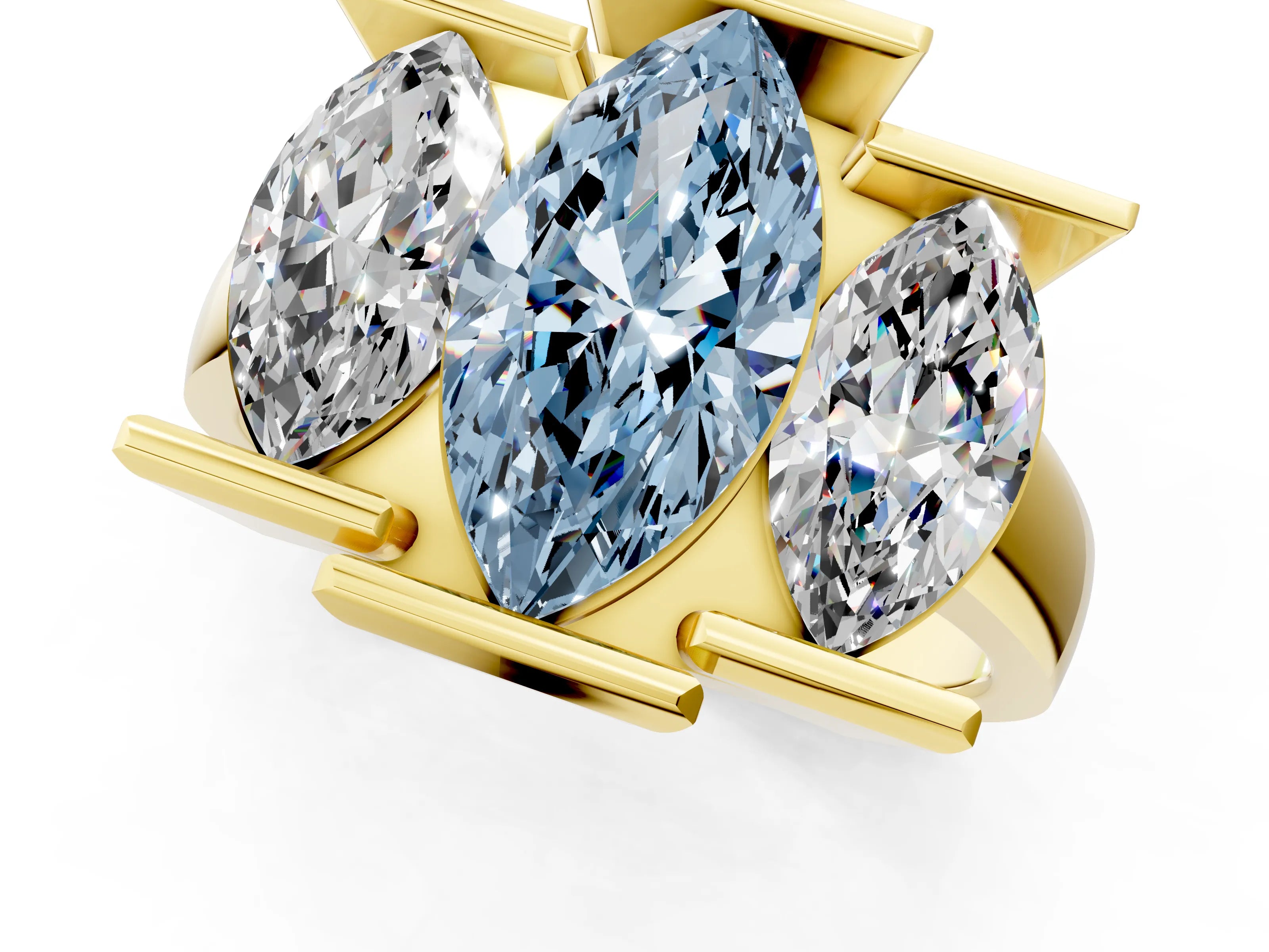 Yellow gold Three Stone Fancy Blue Marquise Cut Cut Channel Set Diamond Ring_1