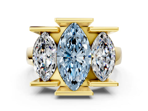 Yellow gold Three Stone Fancy Blue Marquise Cut Cut Channel Set Diamond Ring