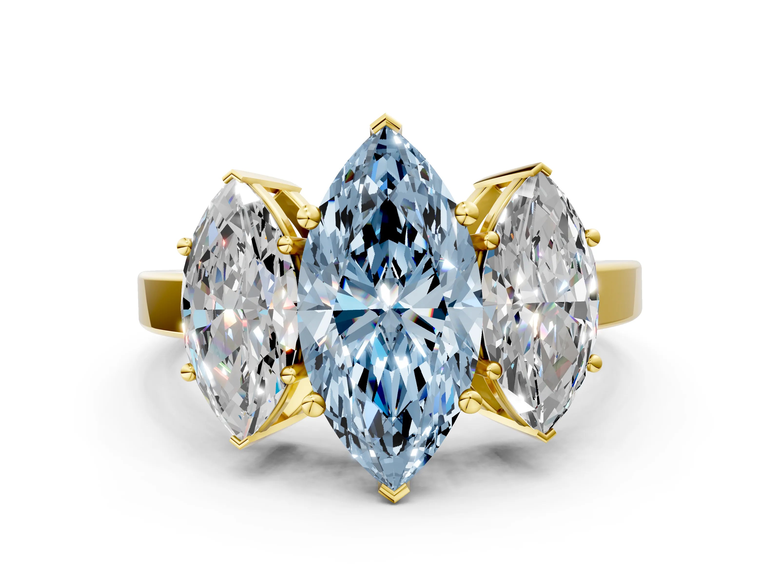 Yellow gold Three-Stone Fancy Blue Marquise Cut Cut Diamond Engagement Ring with Flat Band and Four-Prong Setting