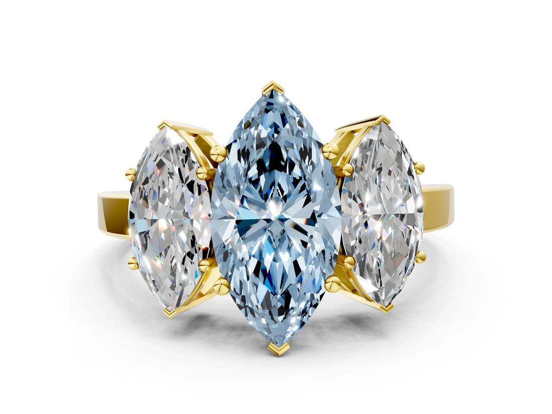 Yellow gold Three-Stone Fancy Blue Marquise Cut Cut Diamond Engagement Ring with Flat Band and Four-Prong Setting_12