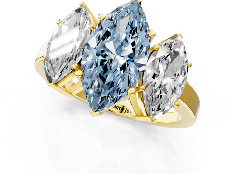 Yellow gold Three-Stone Fancy Blue Marquise Cut Cut Diamond Engagement Ring with Flat Band and Four-Prong Setting_1
