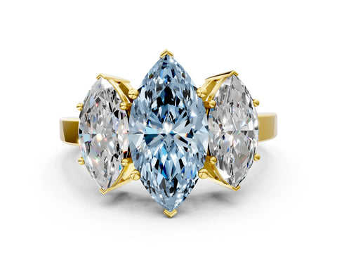 Yellow gold Three-Stone Fancy Blue Marquise Cut Cut Diamond Engagement Ring with Flat Band and Four-Prong Setting