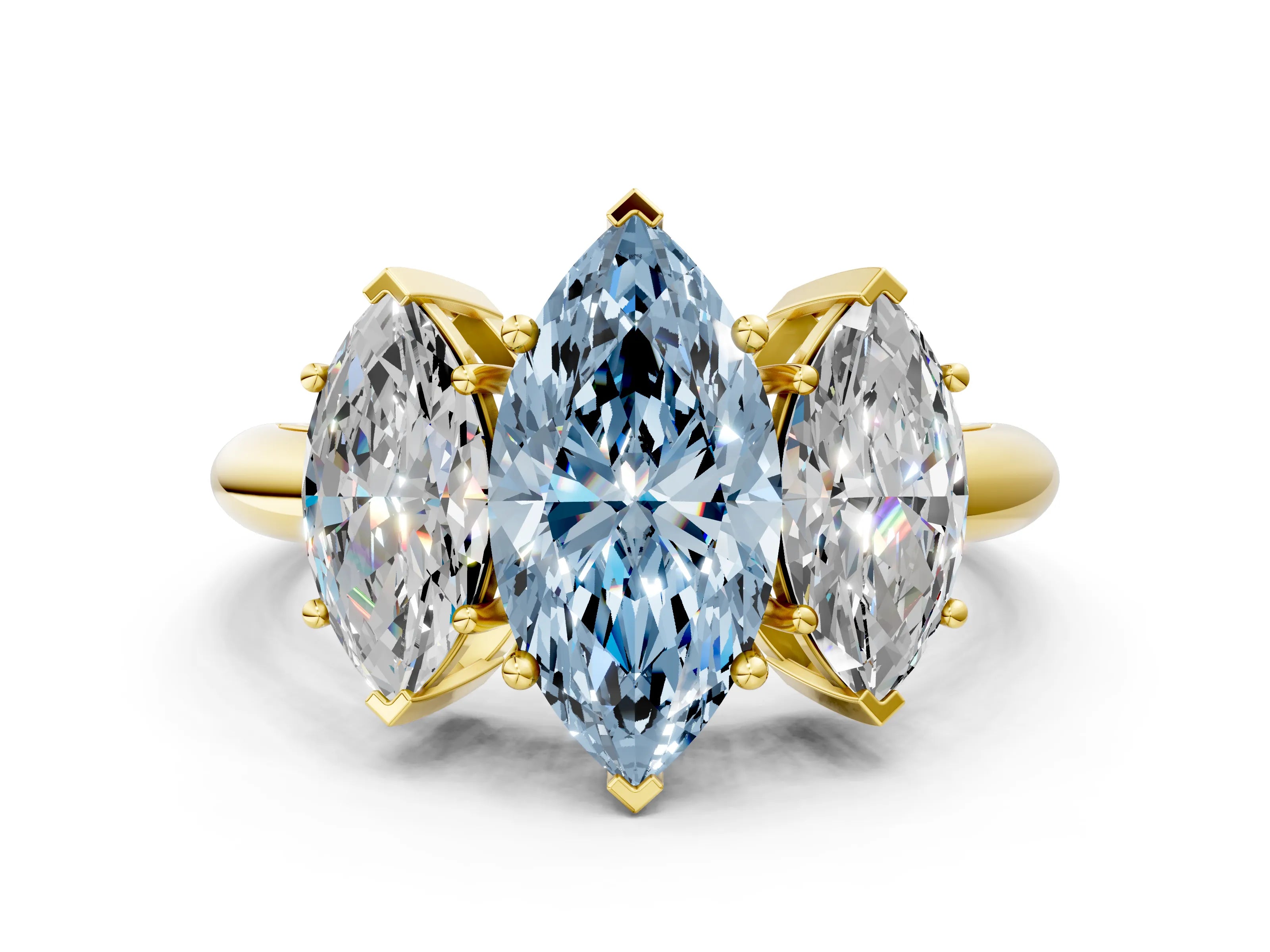 Yellow gold Three-Stone Fancy Blue Marquise Cut Cut Diamond Engagement Ring with Prong Setting on a White Gold Band