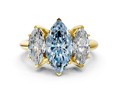Yellow gold Three-Stone Fancy Blue Marquise Cut Cut Diamond Engagement Ring with Prong Setting on a White Gold Band