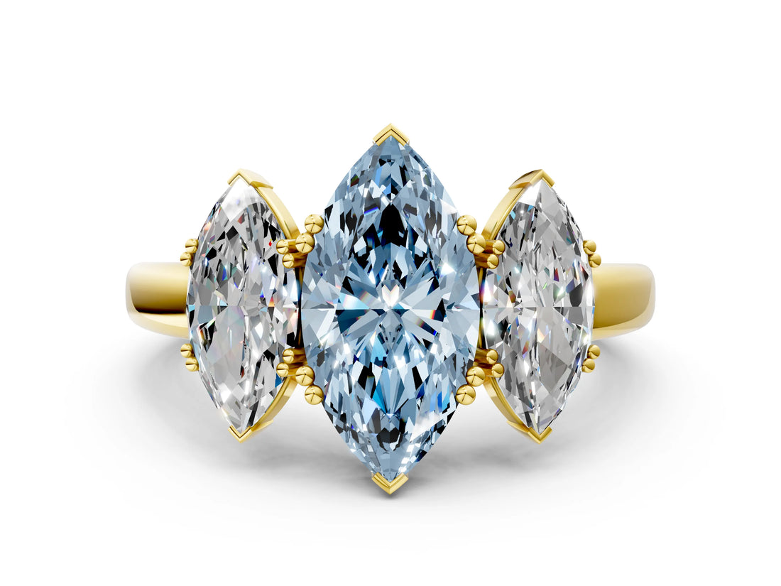 Yellow gold Three-Stone Fancy Blue Marquise Cut Cut Diamond Ring with Channel Set Band and Four-Prong Setting_25