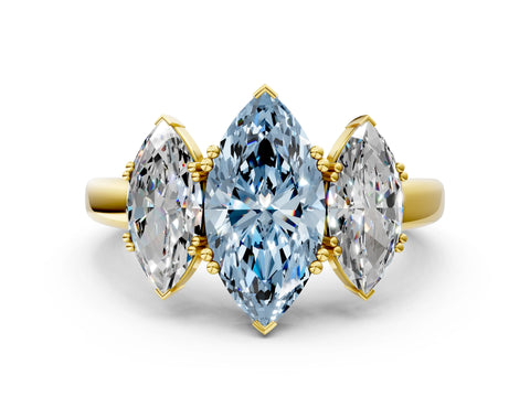 Yellow gold Three-Stone Fancy Blue Marquise Cut Cut Diamond Ring with Channel Set Band and Four-Prong Setting