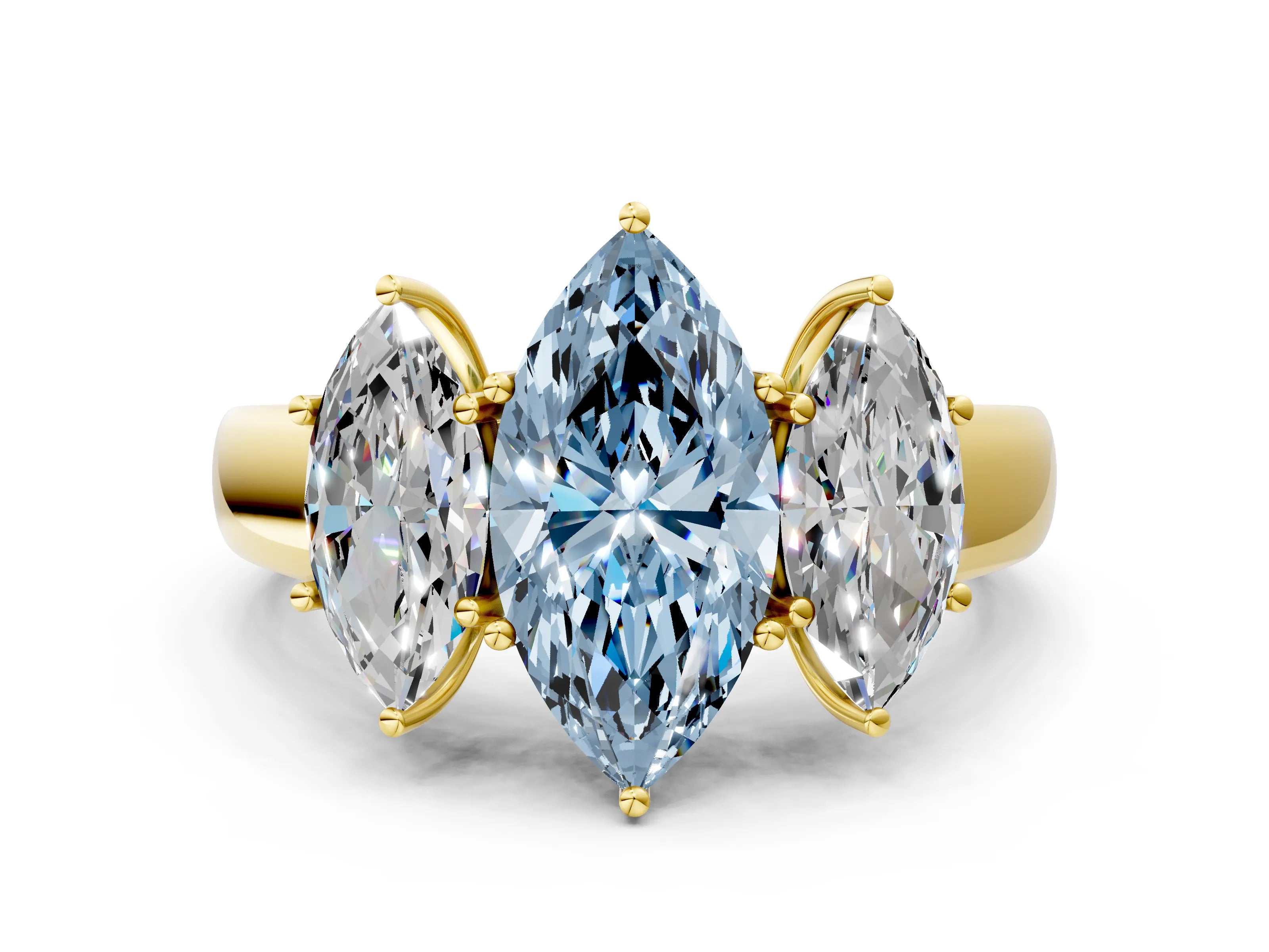 Yellow gold Three-Stone Fancy Blue Marquise Cut Cut Diamond Ring with Prong Setting and Classic Band