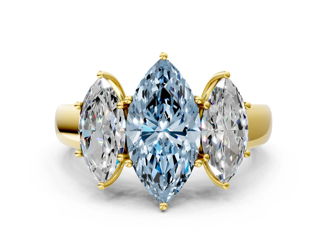 Yellow gold Three-Stone Fancy Blue Marquise Cut Cut Diamond Ring with Prong Setting and Classic Band