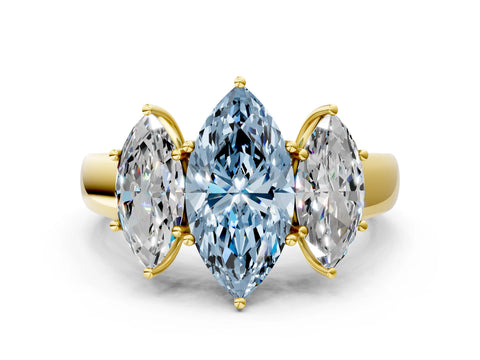 Yellow gold Three-Stone Fancy Blue Marquise Cut Cut Diamond Ring with Prong Setting and Classic Band